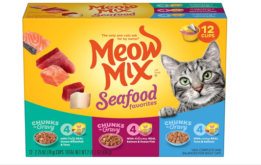 Meow Mix Seafood Chunks Variety Pack, 2.75oz, Pack of 12